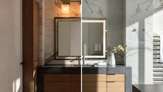 Before and after of a decorative mirror with overhead sconces and a Séura Allegro lighted mirror