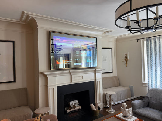 Seura Framed TV Mirror in Living Room with Vanishing Technology On
