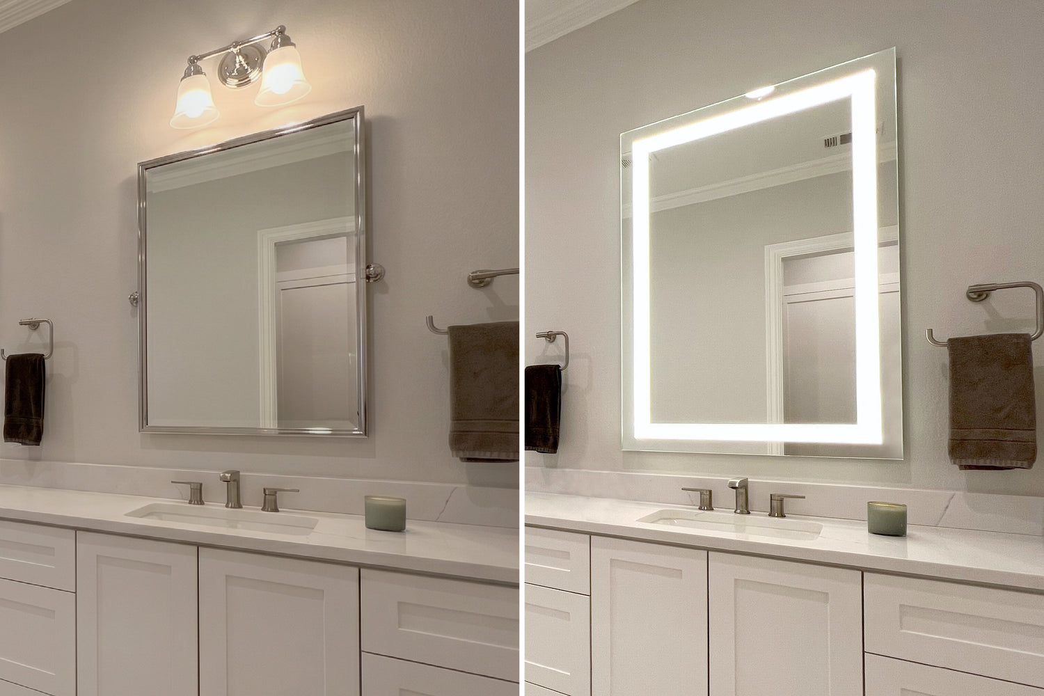 Bathroom vanity with a plain mirror on the left and a illuminated mirror on the right.