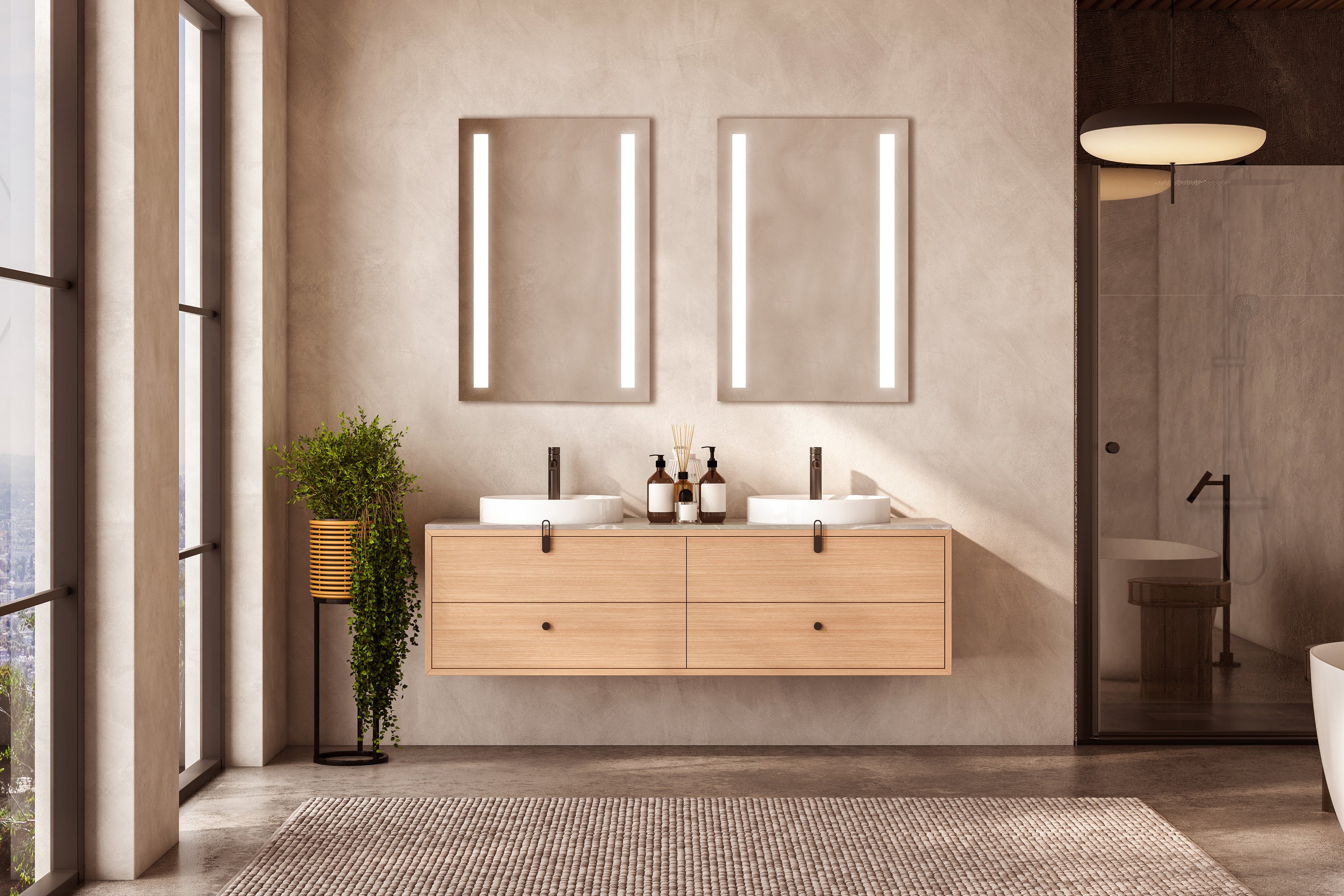 Modern Bathroom with Double Seura Lighted LED Vanity Mirrors