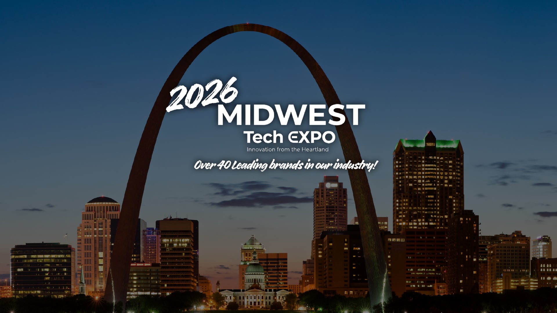 2026 Midwest Tech Expo logo in white over backdrop of St. Louis skyline